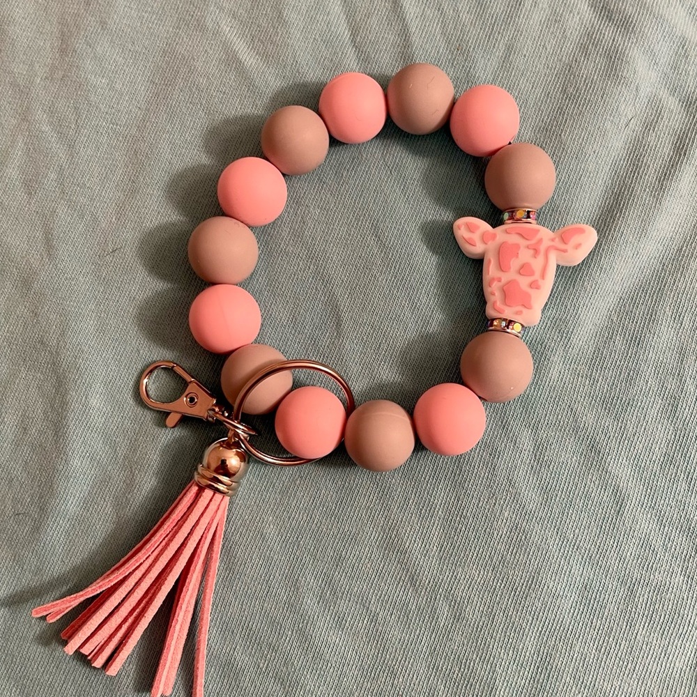 Pink and grey cow keychain wristlet